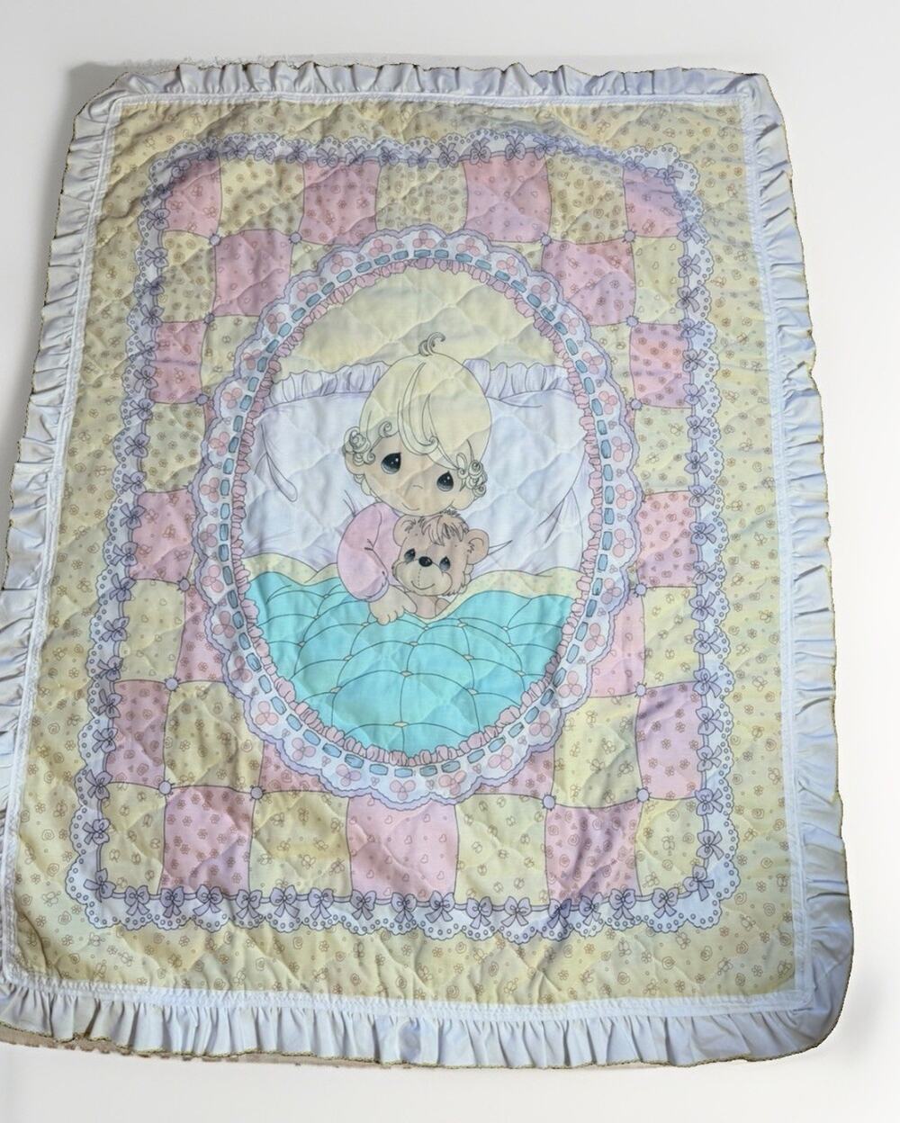 Vintage Precious Moments Baby Quilt Handmade Patchwork Ruffle Pastel Nursery 48”